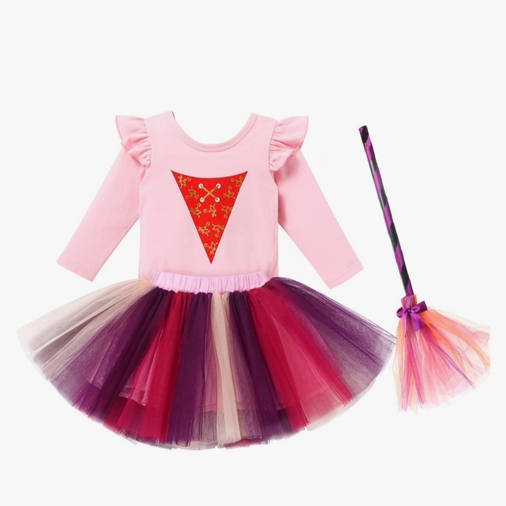 Baby Girl Halloween Outfit Long Sleeve Romper Tutu Skirt Witch Broom